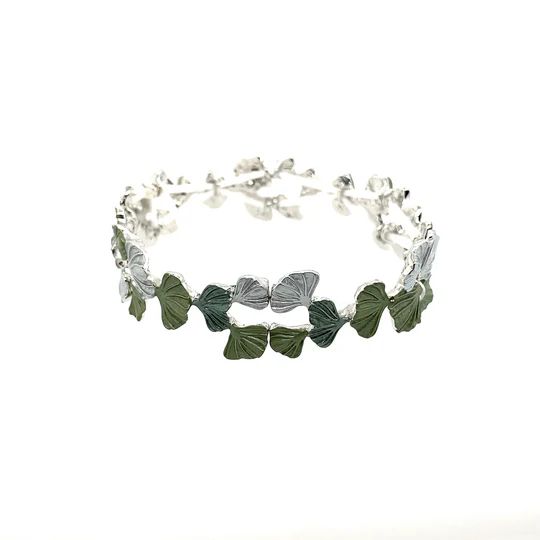 ARMBAND elastisch rhodiniert GINKGOBLATT oliv-Töne Armreif Damen Modeschmuck nickelfrei