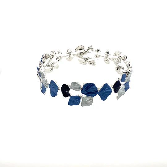 ARMBAND elastisch rhodiniert GINKGOBLATT blau - Töne Armreif Damen Modeschmuck nickelfrei