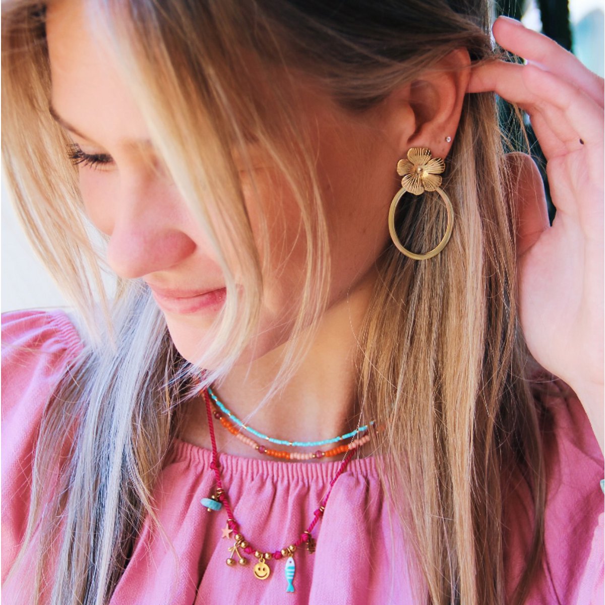 Ovale Statement -Ohrringe mit Blume gold Damen Mode Accessoire Schmuck Edelstahl