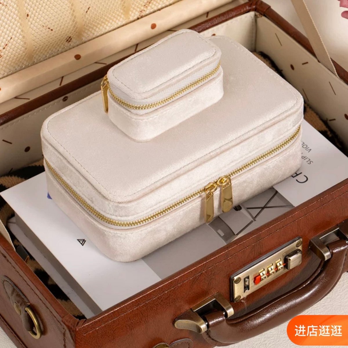 Vintage-inspirierte Reise-Schmuckschatulle aus Samt – Milchbeige – Duell-Schatullen