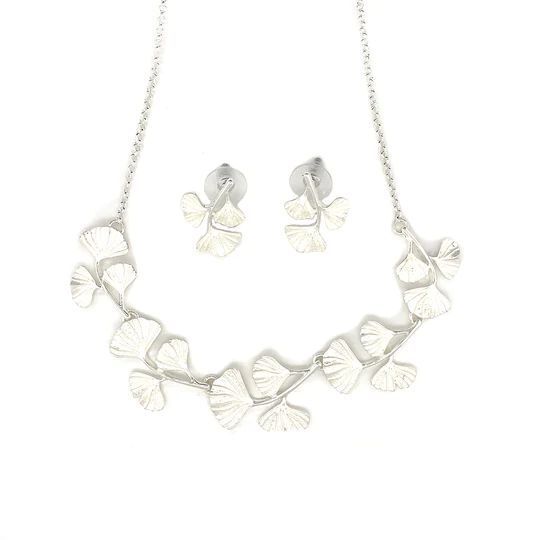 Halskette + Ohrringe Schmuckset Garnitur Ginkgo Damen versilbert Collier + Ohrschmuck Silbertöne nickelfrei Damen Modeschmuck Accessoire