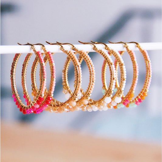 Runde Reifenohrringe mit Facetten und Miyukis - Pfirsich Damen Creolen 44 cm gold Ohrringe Mode Accessoire Schmuck Edelstahl