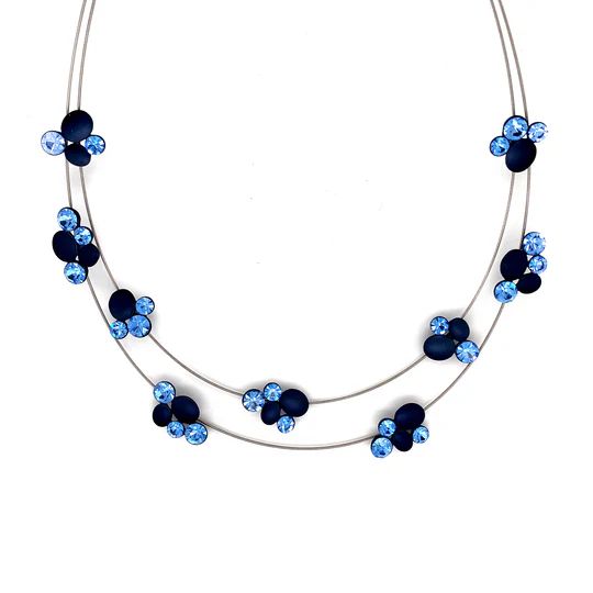 HALSKETTE Collier rhodiniert doppelreihig BLAU Kristallsteine hellsafir Damen Modeschmuck nickelfrei