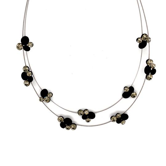 HALSKETTE Collier rhodiniert SCHWARZ Kristallsteine weiß doppelreihig Damen Modeschmuck nickelfrei