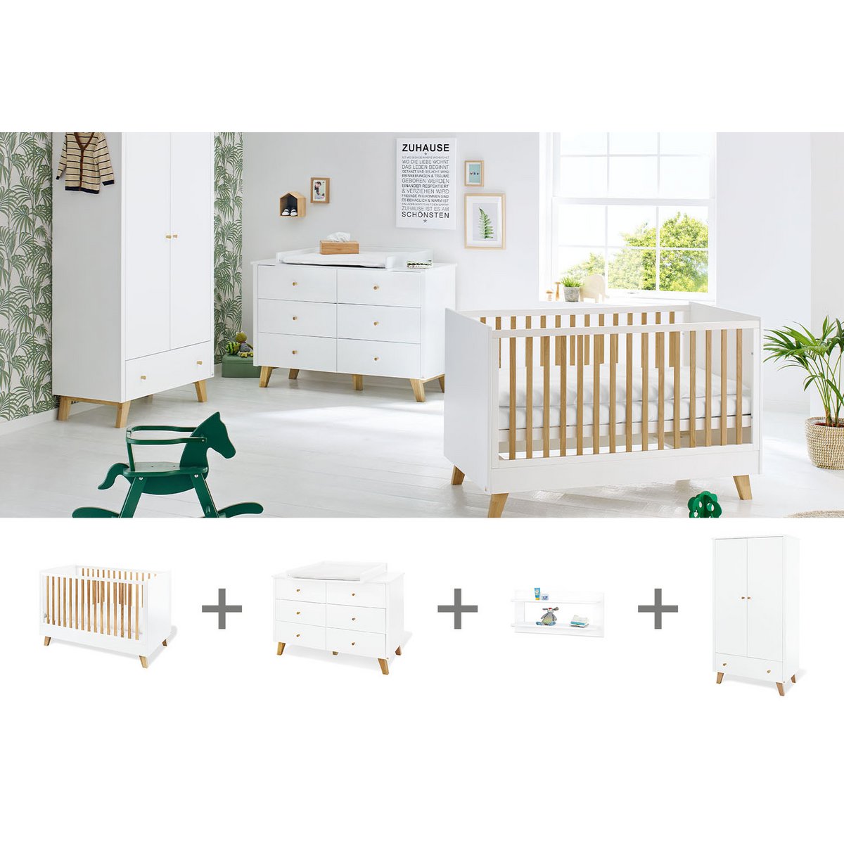 Kinderzimmer 'Pfanne' extra breit, inkl. Wandregal
4-teilig: Kinderbett, extra breite Wickelkommode, 2-türiger Kleiderschrank, Wandregal