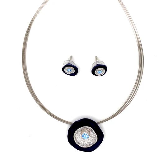 SchmuckSet Garnitur 2tlg-HALSKETTE + Ohrringe Collier / Ohrstecker rhodiniert BLAU mit Kristallsteinen hellblau Damen Modeschmuck nickelfrei