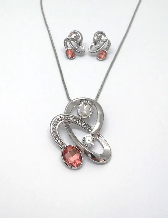 SchmuckSet Garnitur 2tlg-HALSKETTE + Ohrringe Collier / Ohrstecker rhodiniert mit Kristallstein apricot Damen Modeschmuck nickelfrei