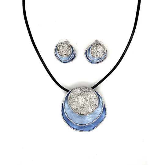 SchmuckSet Garnitur 2tlg-HALSKETTE + Ohrringe Collier / Ohrstecker matt-blau an Texilband Damen Modeschmuck nickelfrei