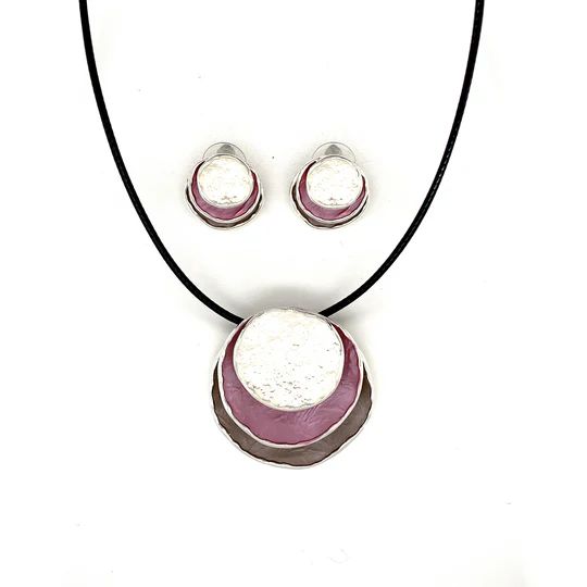 SchmuckSet Garnitur 2tlg-HALSKETTE + Ohrringe Collier / Ohrstecker weiß/altrosa an Texilband Damen Modeschmuck nickelfrei