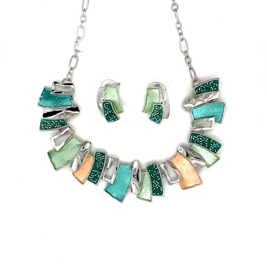 SchmuckSet Garnitur 2tlg-HALSKETTE + Ohrringe Collier / Ohrstecker rhodiniert grün/orange Damen Modeschmuck nickelfrei