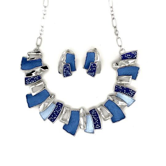 SchmuckSet Garnitur 2tlg-HALSKETTE + Ohrringe Collier / Ohrstecker rhodiniert blau/hellblau Damen Modeschmuck nickelfrei