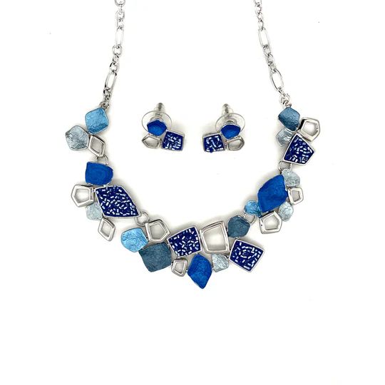 SchmuckSet Garnitur 2tlg-HALSKETTE + Ohrringe Collier / Ohrstecker rhodiniert Blau dunkel-/hellblau Damen Modeschmuck nickelfrei