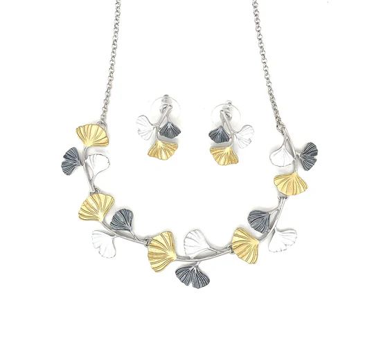 SchmuckSet Garnitur 2tlg-HALSKETTE + Ohrringe Collier / Ohrstecker GINKGOBLATT rhodiniert Tricolor Damen Modeschmuck nickelfrei