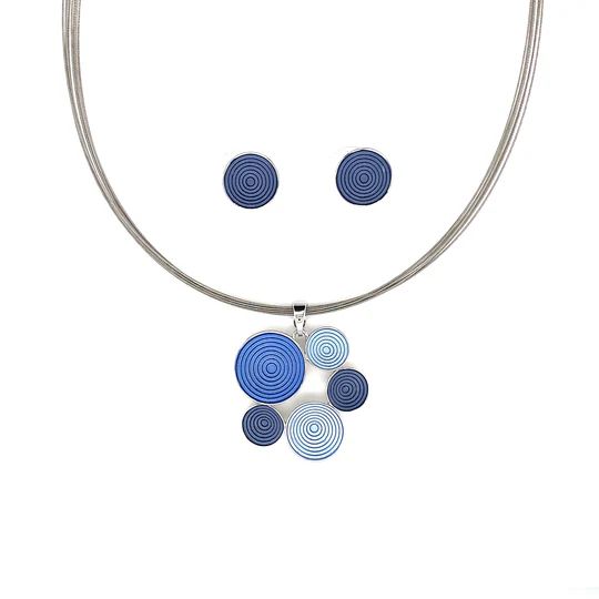 SchmuckSet Garnitur 2tlg-HALSKETTE + Ohrringe Collier / Ohrstecker an Reif mehrreihig rhodiniert Blautöne Damen Modeschmuck nickelfrei