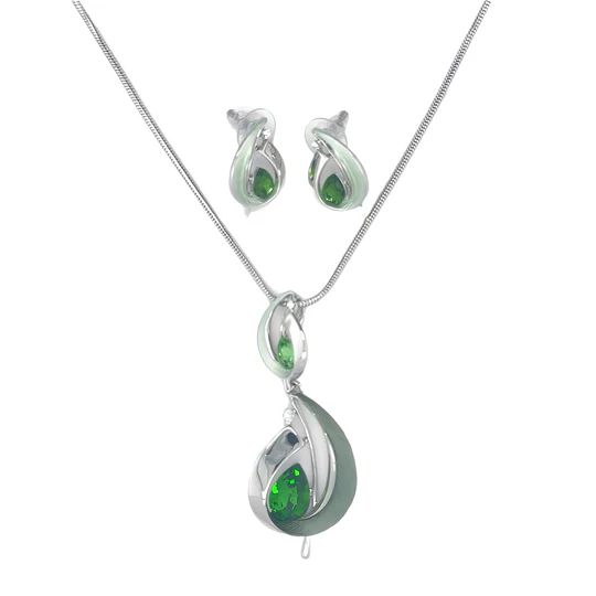 SchmuckSet Garnitur 2tlg-HALSKETTE + Ohrringe Collier / Ohrstecker rhodiniert/grün mit KRISTALL GRÜN Damen Modeschmuck nickelfrei