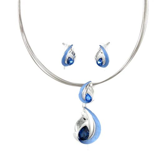 SchmuckSet Garnitur 2tlg-HALSKETTE + Ohrringe Collier / Ohrstecker rhodiniert/blau mit KRISTALL BLAU Damen Modeschmuck nickelfrei