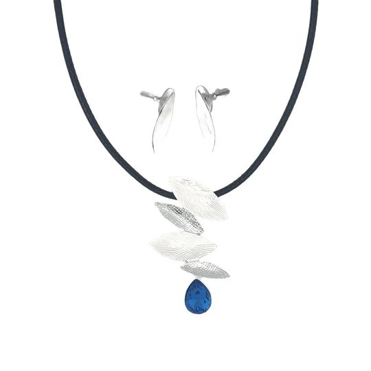 SchmuckSet Garnitur 2tlg-HALSKETTE + Ohrringe Collier / Ohrstecker VERSILBERT WEISS/KRISTALL BLAU Damen Modeschmuck nickelfrei