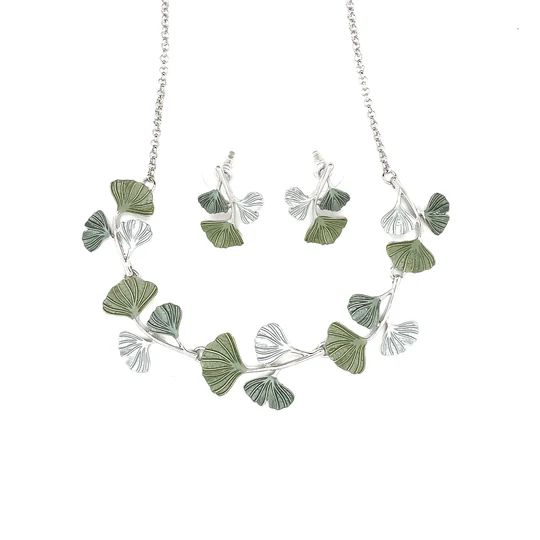 Halskette + Ohrringe Schmuckset Garnitur Ginkgo Damen Oliv-Töne Collier + Ohrschmuck Silbertöne nickelfrei Damen Modeschmuck Accessoire