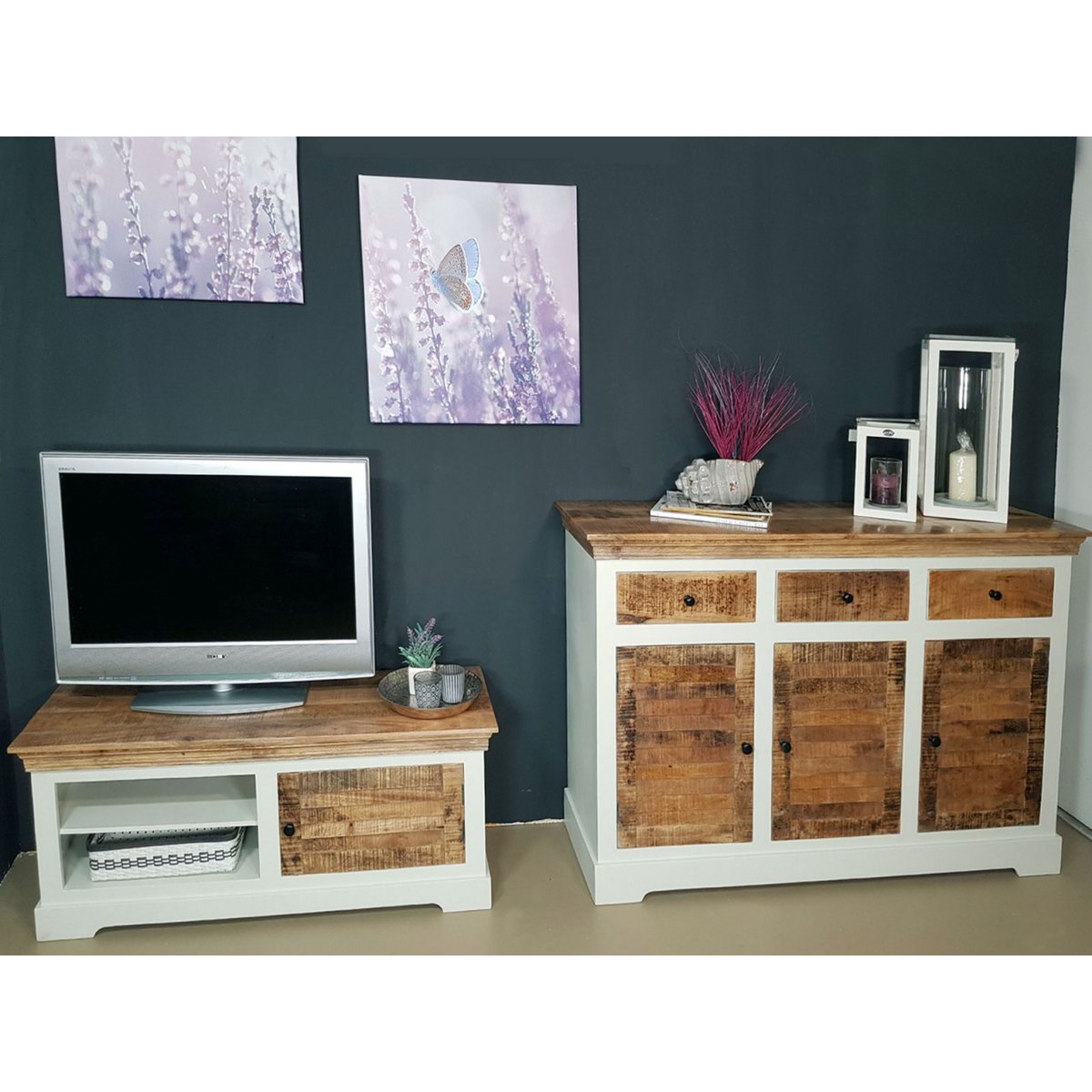 TV Lowboard TV Schrank B 114 H 45 cm Massivholz Fernsehschrank Ibiza weiß Mangoholz massiv