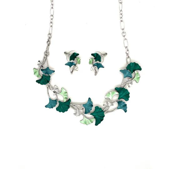 SchmuckSet Garnitur 2tlg-HALSKETTE + Ohrringe Collier / Ohrstecker GINKOBLATT rhodiniert GRÜN Damen Modeschmuck nickelfrei