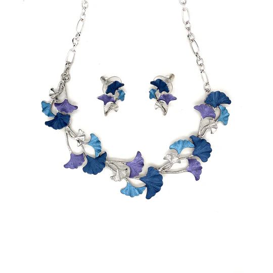SchmuckSet Garnitur 2tlg-HALSKETTE + Ohrringe Collier / Ohrstecker GINKOBLATT rhodiniert BLAU Damen Modeschmuck nickelfrei
