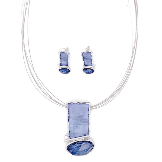 SchmuckSet Garnitur 2tlg-HALSKETTE + Ohrringe Collier / Ohrstecker versilbert/blau Damen Modeschmuck nickelfrei