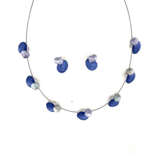 SchmuckSet Garnitur 2tlg-HALSKETTE + Ohrringe Collier / Ohrstecker rhodiniert Blau Damen Modeschmuck nickelfrei