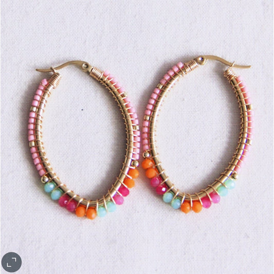 Ovale Reifenohrringe mit Facetten und Miyukis - Orange/Pink/Minze
