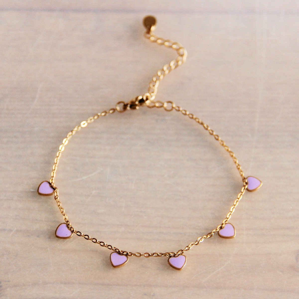 Stainless steel fine anklet with mini hearts – lilac/gold