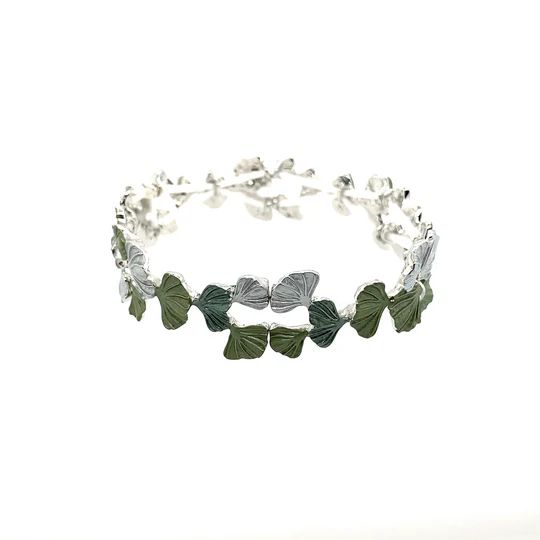 ARMBAND elastisch rhodiniert GINKGOBLATT oliv-Töne Armreif Damen  Modeschmuck nickelfrei