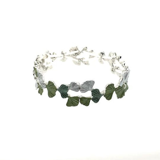 ARMBAND elastisch rhodiniert GINKGOBLATT oliv-Töne Armreif Damen  Modeschmuck nickelfrei