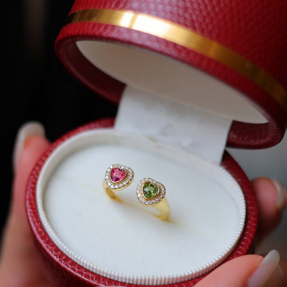 Doppelherz-Gold-Vermeil-Ring – rosa und grüner Turmalin – verstellbar