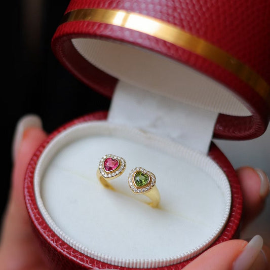 Doppelherz-Gold-Vermeil-Ring – rosa und grüner Turmalin – verstellbar