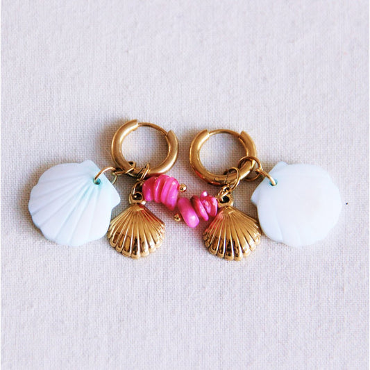 Ohrringe mit Muscheln und Chip -Edelsteinen - hellblau/fuchsia