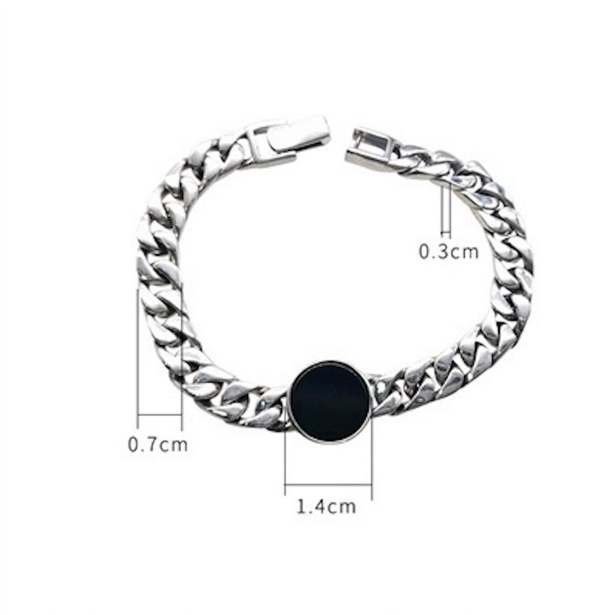 Auffälliges kubanisches Kettenarmband aus Sterlingsilber – runder schwarzer Onyx