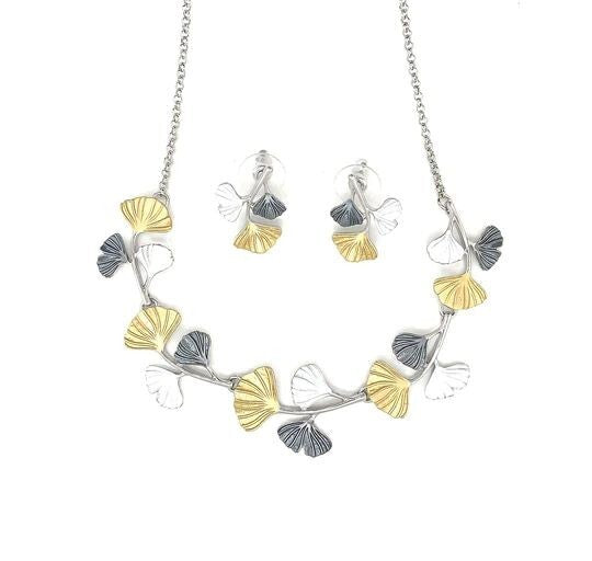 Halskette + Ohrringe Schmuckset Garnitur Ginko Damen rhodiniert Tri-color Collier + Ohrschmuck gold-grau-silber nickelfrei