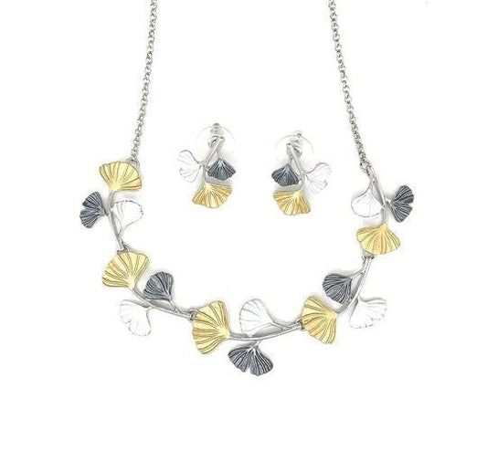 Halskette + Ohrringe Schmuckset Garnitur Ginko Damen rhodiniert Tri-color Collier + Ohrschmuck gold-grau-silber nickelfrei