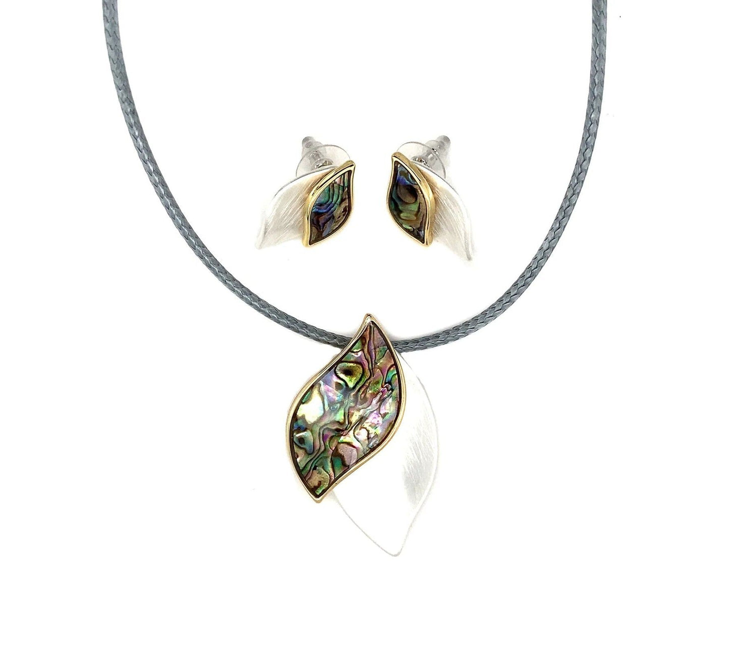 Halskette +  Ohrringe Garnitur Set Bicolor gold/silber gebürstet  mit Paua Shell Damen Collier Set Modeschmuck nickelfrei