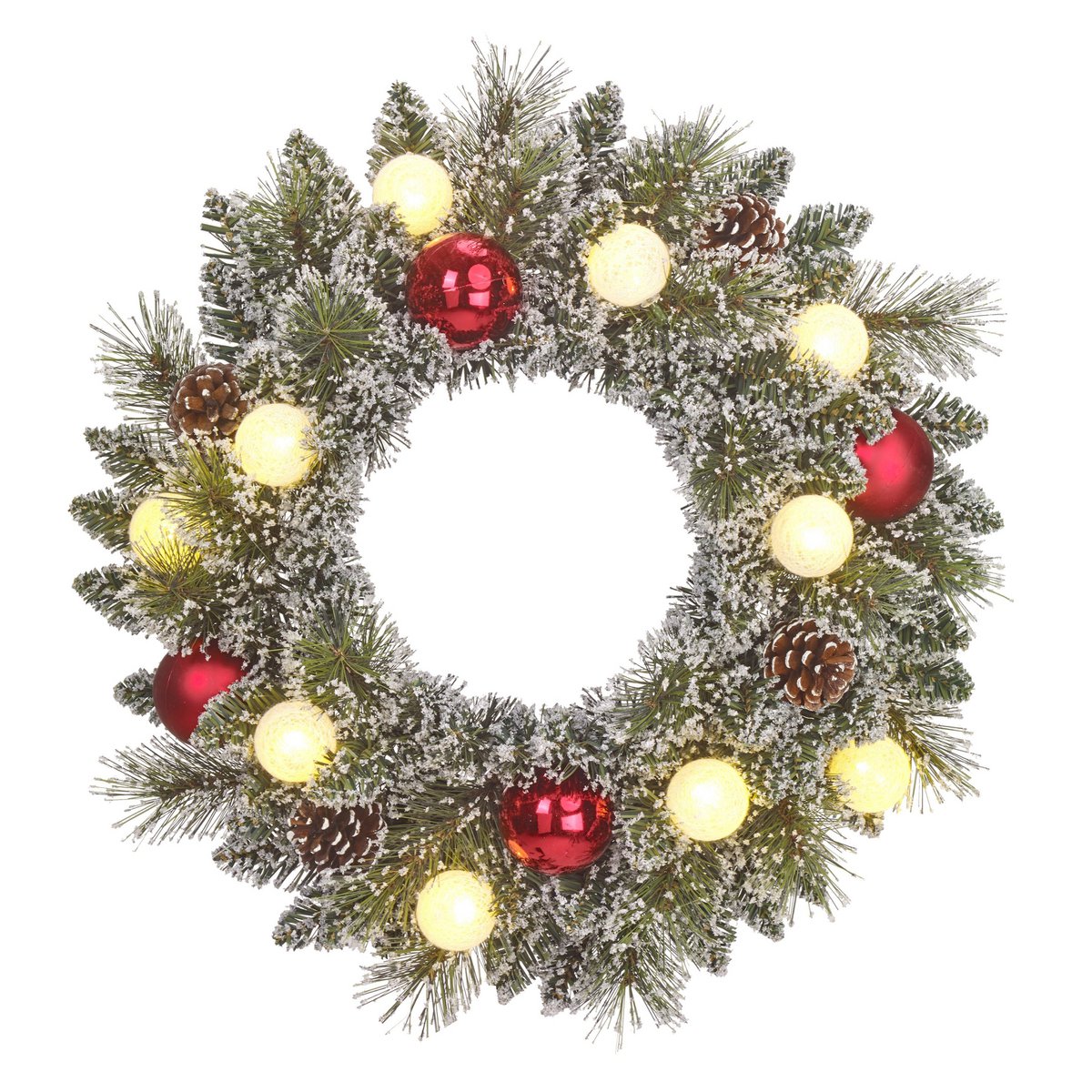 Kaprun Weihnachtskranz mit warmweißer LED-Beleuchtung – Ø45 cm – Grün gefrostet, Rot