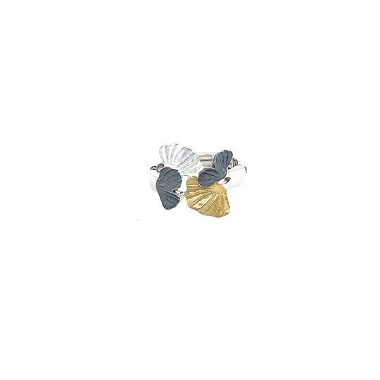RING Damenring elastisch rhodiniert tricolor GINKGO BLATT regulierbare Ring-Größe