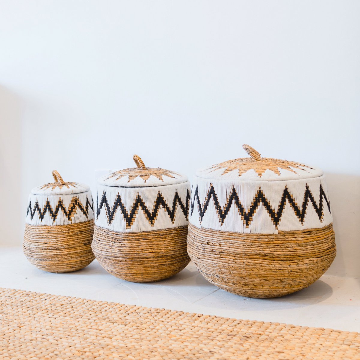 Wäschekorb mit Deckel – Boho-Wäschekorb rund – großer Boho-Korb – geflochtener Korb mit Baumwollmuster PALEM (3 Größen Ø33/43/55 cm)