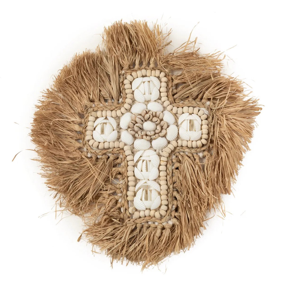 Kreuz aus Raffia-Muschel - Naturweiß - L