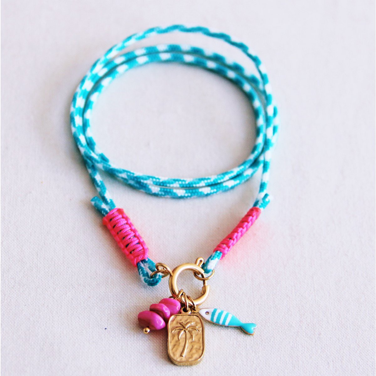 Surf - Halskette mit Charms - Türkis/Rosa Edelstahl und Satin Damen Mode Accessoire Schmuck