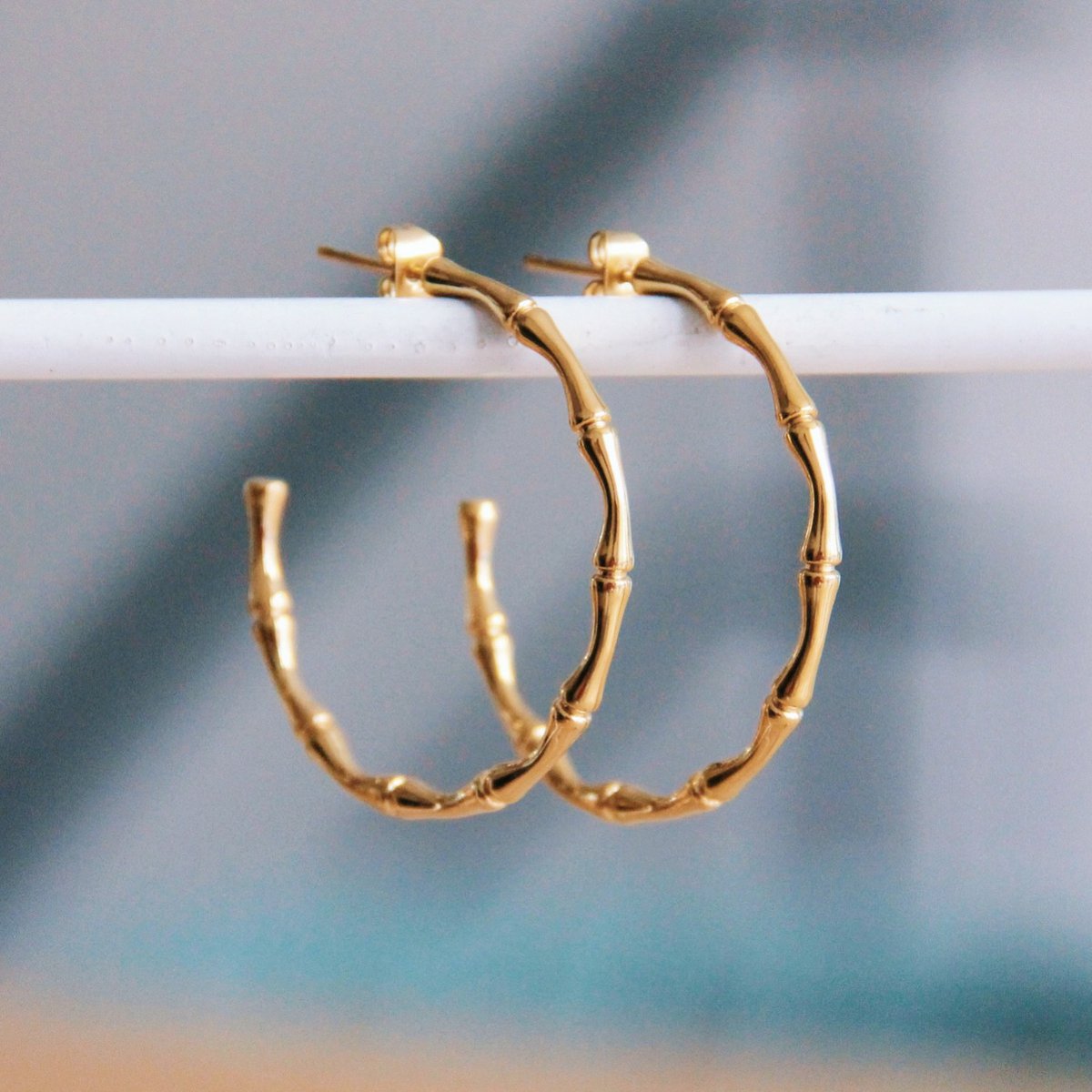 Stainless steel bamboo hoop earrings – gold