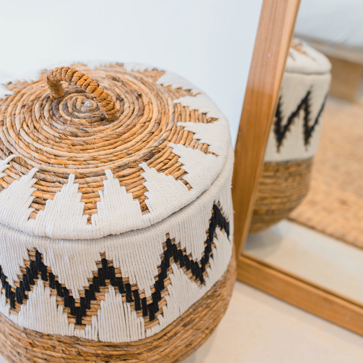 Wäschekorb mit Deckel – Boho-Wäschekorb rund – großer Boho-Korb – geflochtener Korb mit Baumwollmuster PALEM (3 Größen Ø33/43/55 cm)