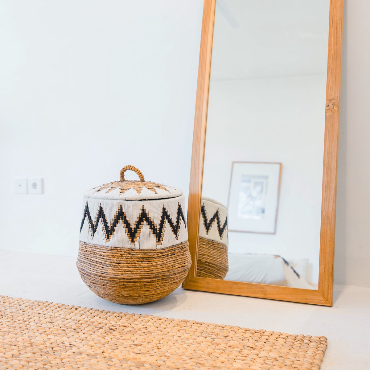 Wäschekorb mit Deckel – Boho-Wäschekorb rund – großer Boho-Korb – geflochtener Korb mit Baumwollmuster PALEM (3 Größen Ø33/43/55 cm)