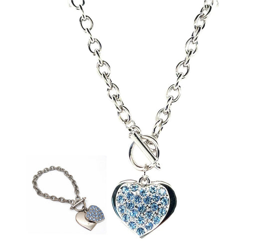 SCHMUCKSET COLLIER + ARMBAND rhodiniert Herz Kristallsteine hell safirblau  Damen Mode Accessoires nickelfrei (Kopie)