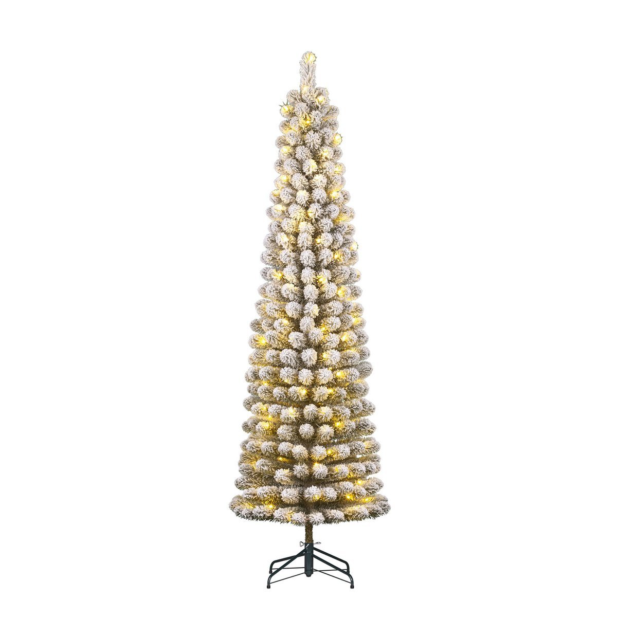 Schmaler künstlicher Weihnachtsbaum von Charlton mit warmweißer LED-Beleuchtung – H230 x Ø58 cm – Grün gefrostet