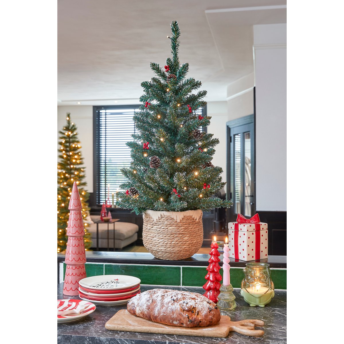 Creston Künstlicher Weihnachtsbaum im Topf mit LED-Beleuchtung – H90 x Ø50 cm – Grün gefrostet