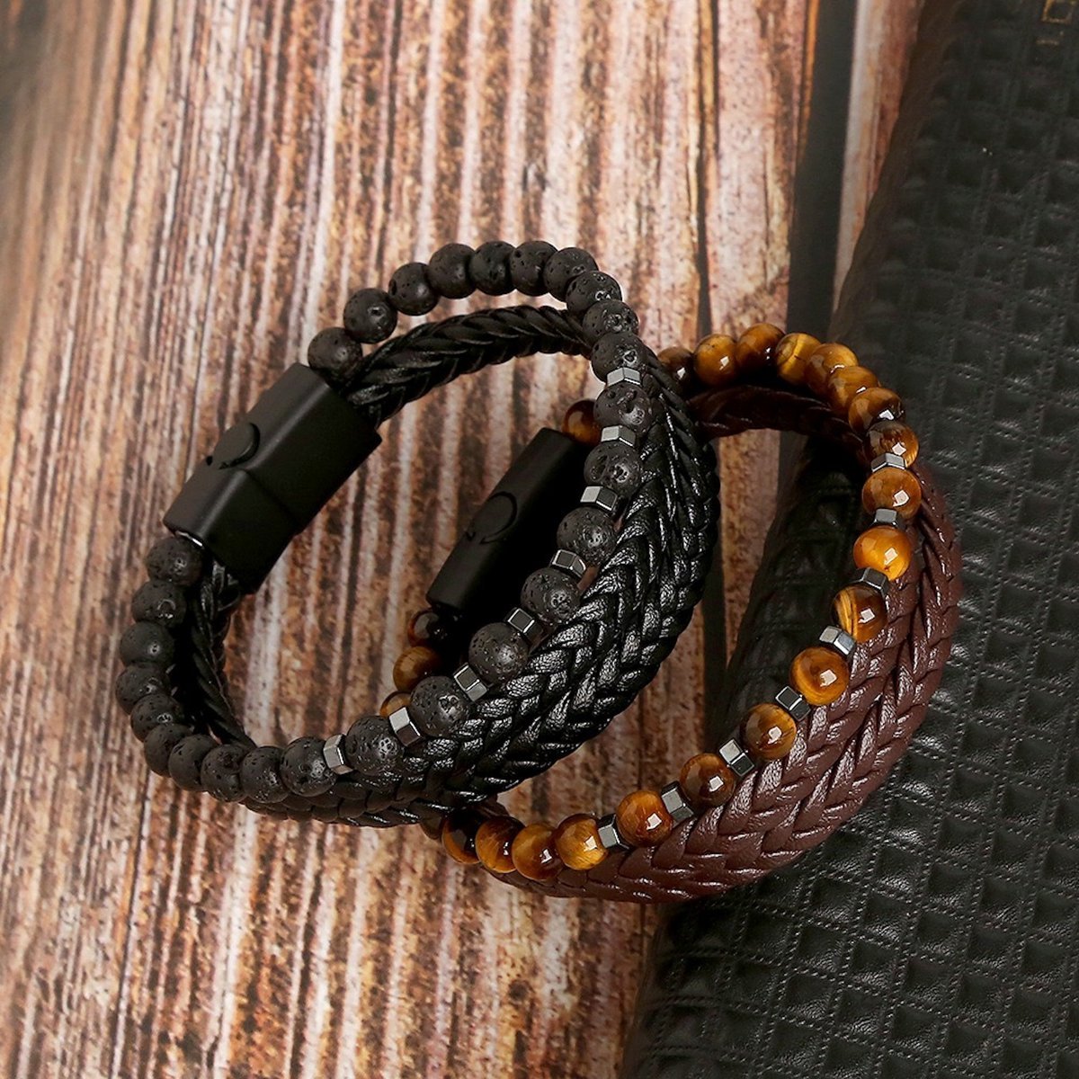 Geflochtenes Lederarmband mit echten Steinen